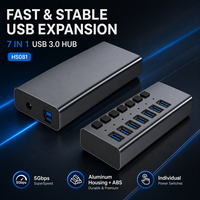 7 Portlu Güçlendirilmiş USB 3.0 Hub 5Gbps 7x USB-A Portları Ayrı Ayrı Güç Anahtarları Alüminyum Gövde Stokta Mevcut