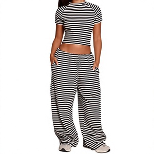 Custom Logo Women's Striped Printed Oversized Wide Leg Flare Pants & Cropped Short Sleeve T-Shirt Set Poly/Cotton 240 GSM Knit - Product Image 2