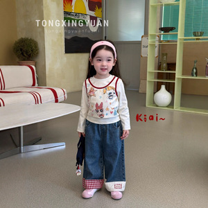 Girls Autumn Cartoon T-Shirt Plaid Jeans Set Cotton Two-Piece Outfit Kids Clothing - Product Image 1