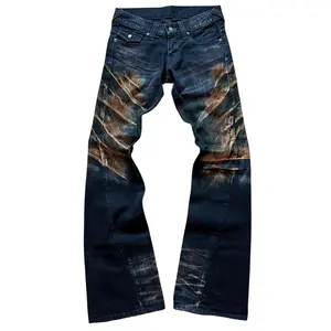 Custom High Streetwear Pigment Spray On Jeans Hip Hop Heavy Duty Distressed Stacked Flared Jeans For Men