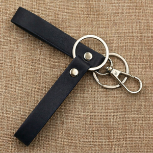 Pu <b>Leather</b> Rectangle <b>Keychain</b> with Carabiner and Metal Ring Fashionable Black Strap - Product Image 3