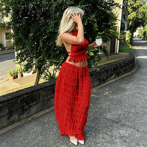 Ensemble deux pièces en mousseline rouge pour femme, haut dos nu et jupe longue à volants, respirant, élégant, printemps-été, sans manches, couleur unie - Product Image 4