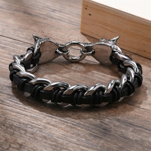 HipHop Wolf Head Bracelet Black Oil Grease Stainless Steel Cuban Chain Leather Bracelet <b>for</b> <b>Men</b> - Product Image 2