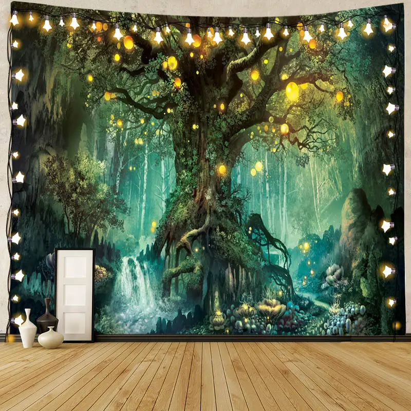 Aesthetic Nature Fantasy Forest Wall Hanging Tapestry Green Fairy Tree of Life Tapestries for Bedroom