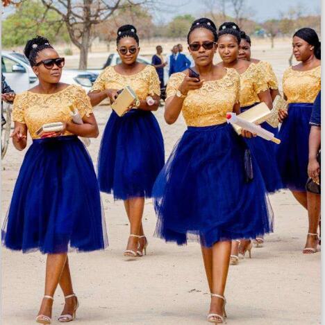 Appliques African Maid of Honor Dress - Short Sleeve, Knee-Length Gold & Blue Bridesmaid Gown | Affordable Satin Dresses Appliques African Maid of Honor Dress - Short Sleeve, Knee-Length Gold & Blue Bridesmaid Gown | Affordable Satin Dresses