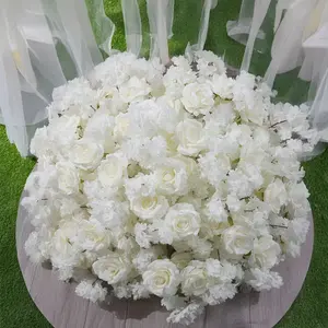 Décoration de mariage, anniversaire, banquet : grandes boules de fleurs blanches en cerisier et roses de 80/70/60/50 cm, décoration de table avec vases et porte-bougie - Product Image 2