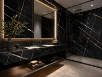 Dalles de marbre noir Sahara Noir avec veinage doré pour comptoirs de cuisine, tables à manger, meubles-lavabos de salle de bain et panneaux muraux en bois lamellé-collé