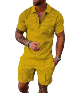 US Size Mens Short Sleeve Casual Polo Shirt and Shorts Sets Two Piece Outfits Zip Polo Jogging Suit Tracksuit Shorts Set for Men