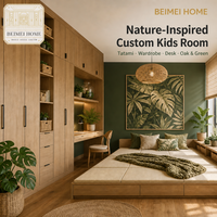 Ensemble de chambre enfant personnalisé en tatami naturel, armoire en chêne, bureau en rotin |   Style Forêt Biophilique |   Usine écologique OEM