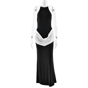 Vestido de Noche Estilo Europeo Americano Sin Espalda, Bloques de Color Blanco y Negro, Capa Transparente, Casual, para Banquete y Fotografía Urbana - Product Image 5