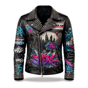 Veste de moto en cuir pour homme, style punk, avec imprimé graffiti, décorations à rivets, fermeture éclair, col rabattu, pour l'automne - Product Image 1