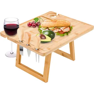 便携式户外竹折叠野餐桌，带酒杯支架和奶酪刀套装