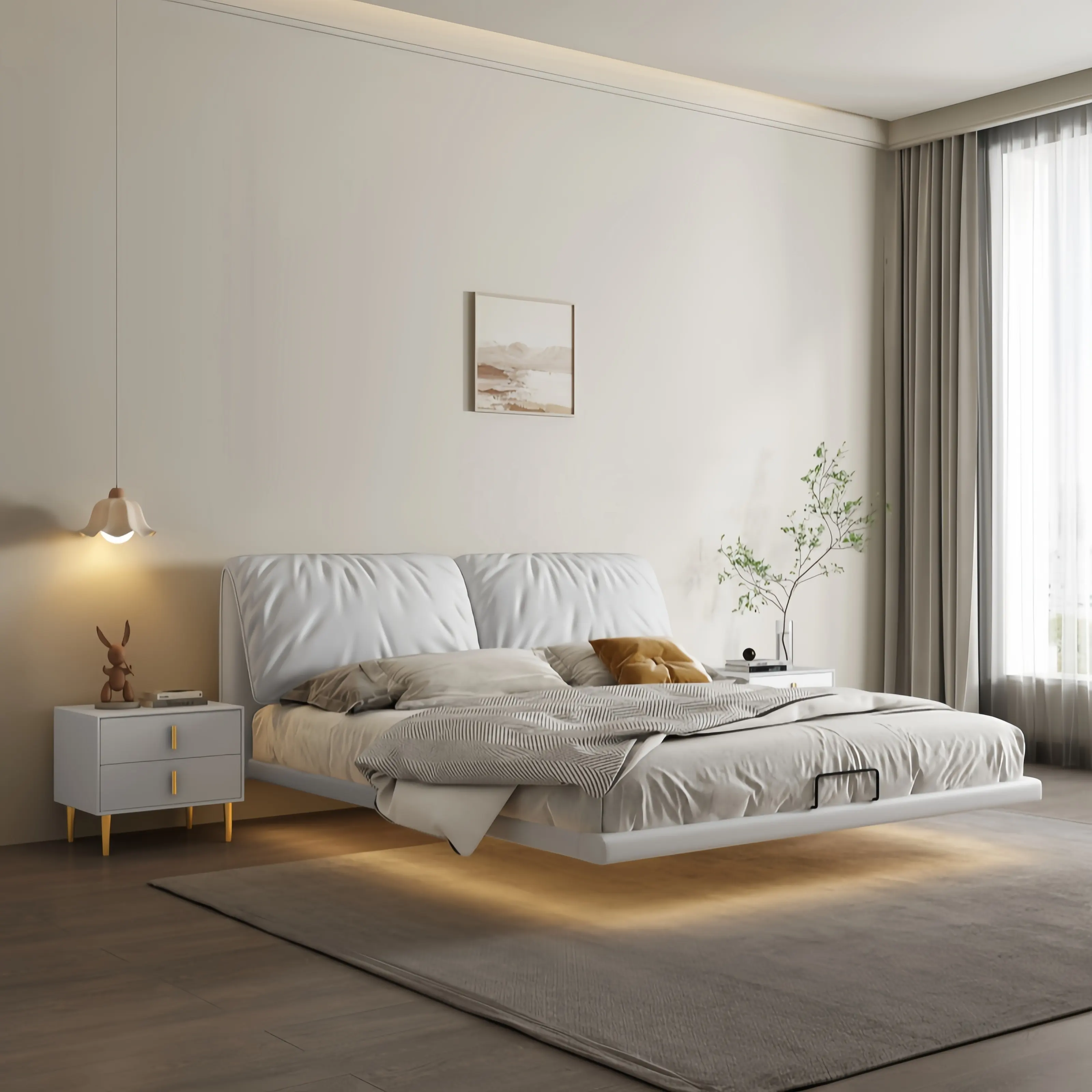 אלנד מיטת רצפה תלויה מודרנית הטובה ביותר קווין קינג סייז פלטפורמת ריהוט חדר שינה מיטה רכה מודרנית עם ראש מיטה