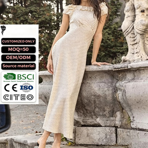 เดรสแม็กซี่ลายจุดวินเทจของผู้หญิงเดรสลำลองแขนระบายทรงพอดีตัวมีหมวก - Product Image 1