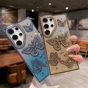 Funda de teléfono de lujo con diseño de mariposa para <span class=keywords><strong>Samsung</strong></span> S25 Ultra S24 S23, funda de teléfono brillante para iPhone 17 Pro Max, funda trasera de diamante - Product Image 1