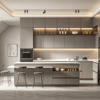 Ensemble d'armoires de cuisine modernes écologiques ignifuges personnalisées, îlot, finition gris mat, design modulaire, usage résidentiel, durable, 3 ans