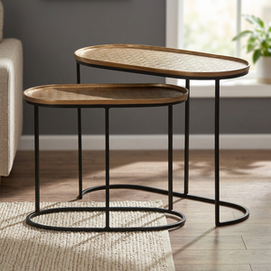 Table d'appoint ovale moderne en métal style déco modèle 63s avec plateau finition laiton antique, design gigogne pour usage intérieur - Product Image 3