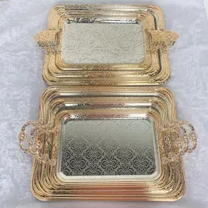 High Quality Wholesale Custom Mirror Golden Silver Color Stainless Steel Metal Arabic Serving Tray With Handle
