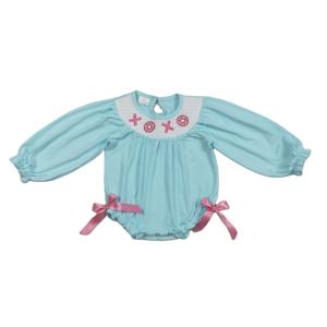 LR2982 RTS Conjunto de Mameluco de Manga Larga con Estampado de Cuadros Azul Verdoso para Bebés Niñas con Lazos - Product Image 1