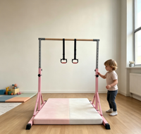 Barre de gymnastique junior premium avec rail en bois massif, design pliable peu encombrant, base large 123x145cm pour la maison et la salle de sport des enfants