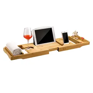 Hot-Selling erweiterbare abnehmbare Badewanne Tablett Bambus Rack Caddy Regal mit Wein und Buch