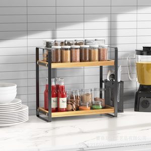 Étagère de rangement de cuisine en bois à double couche avec structure en fer pour condiments et bouteilles, organisateur de comptoir - Product Image 1
