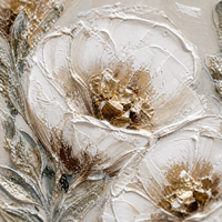 Peinture murale florale artisanale moderne aux tons neutres, quatre vases avec des fleurs blanches, peintures sur toile pour salon