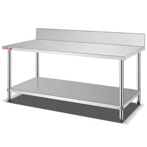 Stainless Steel Double Tiers Kitchen Working Table With Back Splash For Restaurant/Assembly Square Tube Commercial Work Table