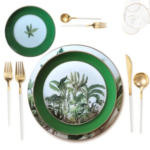 Nouveaux designs, 4 pièces, assiettes en céramique verte, vaisselle pour la maison, restaurant, hôtel, assiettes de présentation en porcelaine, ensembles d'assiettes à dîner - Product Image 4