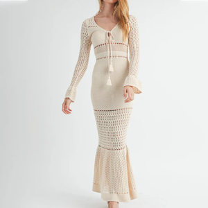 Personalizado de manga larga con cuello en V Bodycon Knit Wool Mujeres Maxi Sweater Dress - Product Image 1