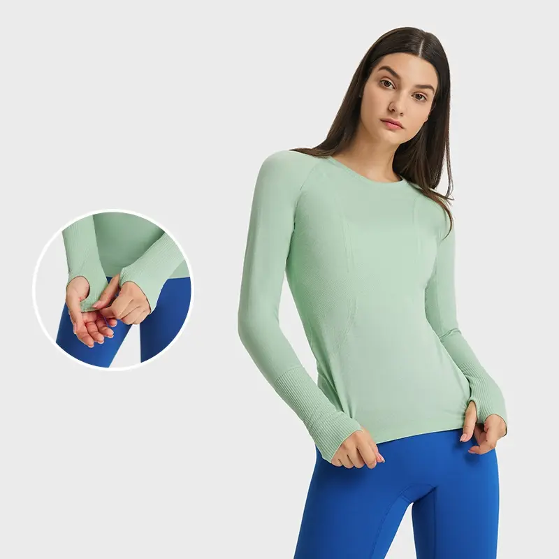 Hiver 100% nylon Vert menthe Casual Ladies Long Sleeve Fashion round neck sports T-shirt Women Tops
