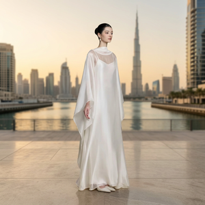 Elegant Floor Length Silk <b>Abaya</b> With High Neck And Long Sleeves <b>For</b> Wedding Middle East <b>Women</b> Adult Loose Fit Solid Color - Product Image 2