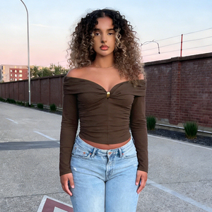 Women's Shoulder <b>Long</b> Sleeve Knit <b>Top</b> Ruched Brown Vintage Metal Buckle Sexy Club Party <b>Summer</b> Eco-Friendly Breathable Anti-Uv - Product Image 6