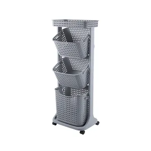 Wholesale High Quality Standing Plastic Bathroom Storage Corner Shelf Laundry Basket 3 Compartments On Wheels Removable Hamper