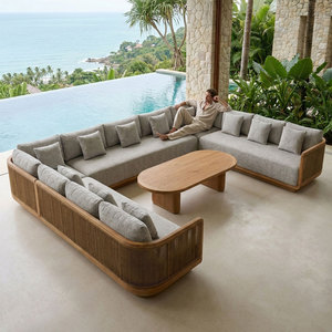 Muebles de Jardín Curvos de Teca Contemporáneos de Alta Gama, Resistentes al Agua, Juego de Sofás Modulares de Olefina para Exteriores, para Villa - Product Image 1