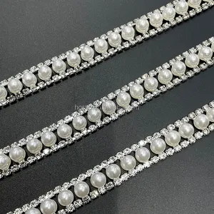 F070 New pearl and diamond bead trim on roll rhinestone fringe trim diamond crystal chain