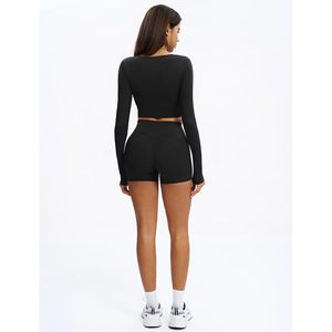 Womens Workout Set <b>Long</b> Sleeve Crop Top <b>Matching</b> High Waist Biker Shorts Quick Dry Yoga Gym Clothes - Product Image 3