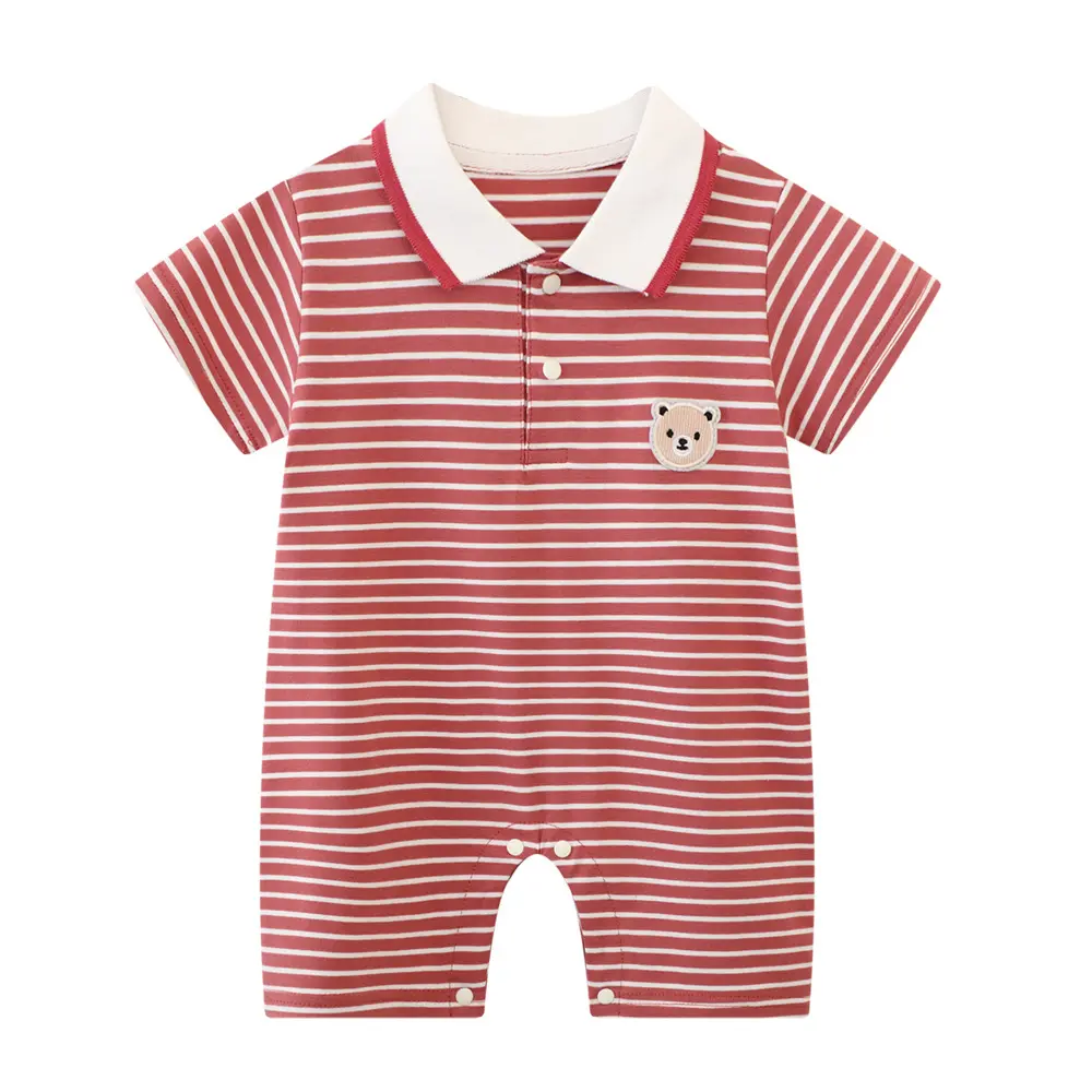 High Quality 100% Cotton Turn Down Polo Collar Fashion Striped Design 0-3 Months Short - Sleeved Baby Boy Rompers