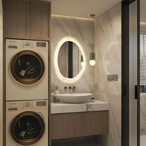 Gabinetes de baño personalizados de fábrica con lavadoras Prácticos tocadores de baño de madera con gabinete de almacenamiento de luces LED - Product Image 1