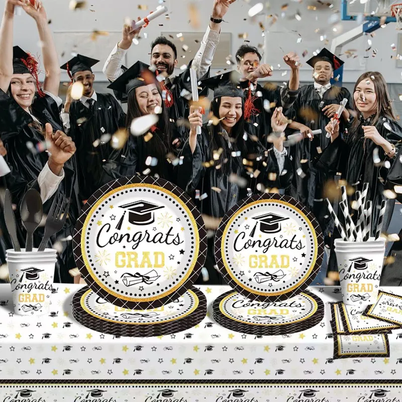 2024 졸업 파티 용품 식기 세트 일회용 접시 냅킨 컵 식기 장식 축하 대학원 파티