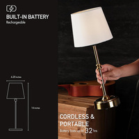Lampe de bureau sans fil rechargeable moderne, commande tactile, variateur d'intensité, lampe de table LED, lampe de chevet en métal avec abat-jour en tissu