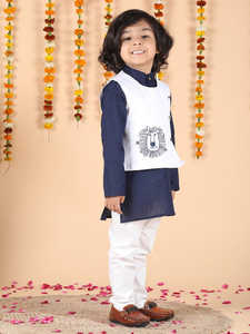Adorable little <b>boy</b> in navy blue <b>kurta</b> with white waistcoat and pajama festive ethnic outfit front pose smiling child - Product Image 3