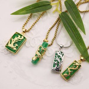 HY0010 pendentif rectangulaire en jade vert <span class=keywords><strong>Dragon</strong></span> Phoenix chinois, collier en acier inoxydable, collier pendentif bicolore or argent - Product Image 2