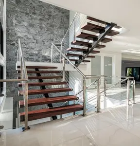 现代室内小空间楼梯不锈钢木制直楼梯