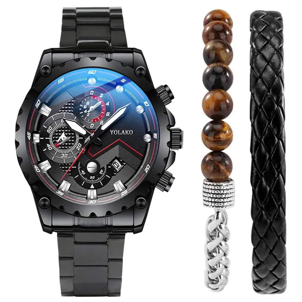 Novedades Relojes de negocios Reloj de cuarzo de acero inoxidable para hombres con pulsera de cuentas tejidas