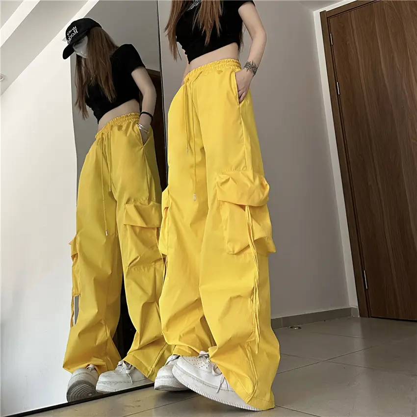 Thiết kế cảm giác Streamer túi lớn Overalls của phụ nữ cao eo thẳng rộng chân quần giản dị lau quần phong cách bạn trai
