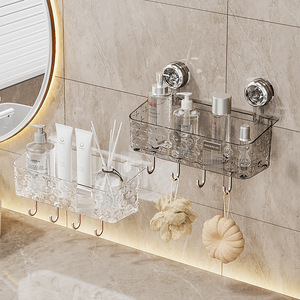 Bathroom Storage Rack Suction Mounted Plastic Wall <b>Shelf</b> With <b>Hooks</b> For Toiletries And Towels - Product Image 1