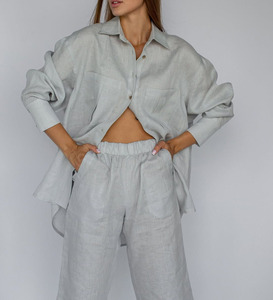 Camicie da donna in <span class=keywords><strong>lino</strong></span> blu chic, nuove collezioni estive 2026, alla moda, in <span class=keywords><strong>lino</strong></span>, a maniche lunghe, stile vintage, vestibilità ampia - Product Image 1