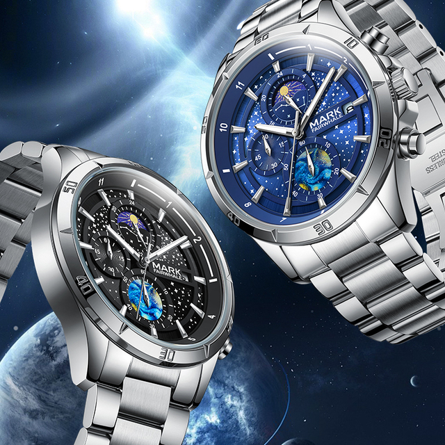 Mark Fairwhale Van Gogh Starry Sky Dial Watch Stainless Steel Clock Luminous Waterproof Quartz Watches FW-5022
