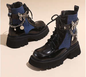 Botines de Mujer con Punta en Pico, Tacón Grueso, Diseño de Mariposa Abi, Estilo Británico Urbano, Vaqueros que Aumentan la Estatura - Product Image 1